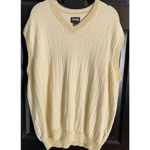 PING Mens V-Neck Sleeveless Cream Pullover Sweater Vest Sz Large Golf Athleisure